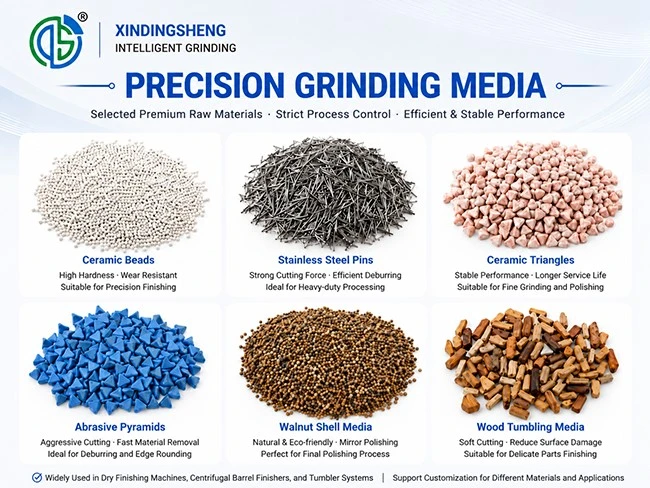 Precision grinding media for dry finishing machines including ceramic beads stainless steel pins abrasive pyramids walnut shell media and wood tumbling media Precision grinding media for dry finishing machines including ceramic beads stainless steel pins abrasive pyramids walnut shell media and wood tumbling media